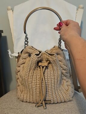 Jimmy Choo Bon Bon Beige Knit Drawstring Bucket Bag
